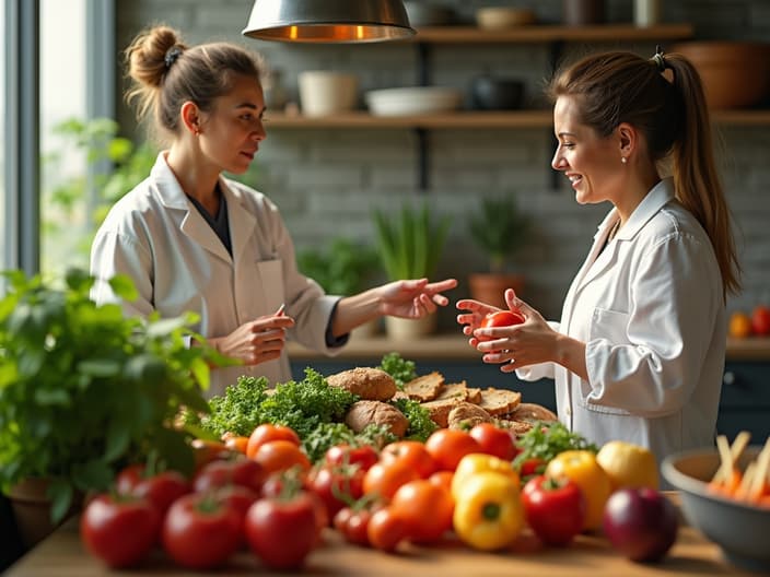 Healthy food ingredients displayed, nutritionist explaining benefits