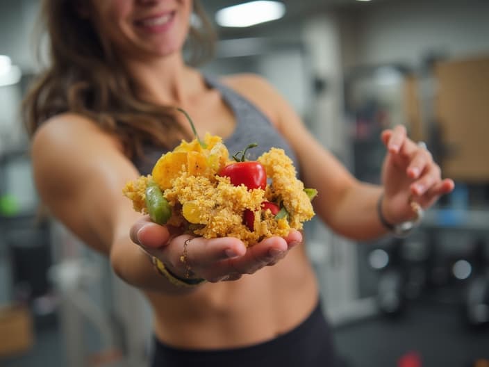 Healthy pre-workout snacks displayed, trainer explaining benefits