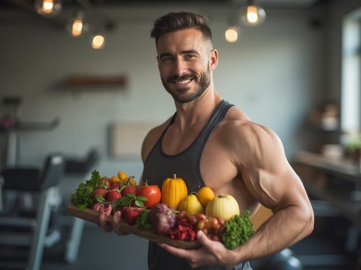 Healthy-looking man with fruits and exercise equipment in a studio setting