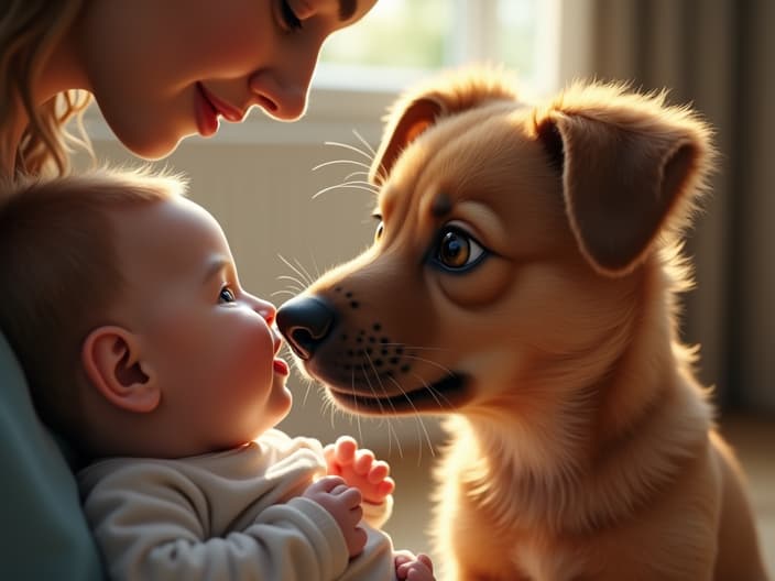 Heartwarming scene of a dog gently interacting with a baby, supervised by parents