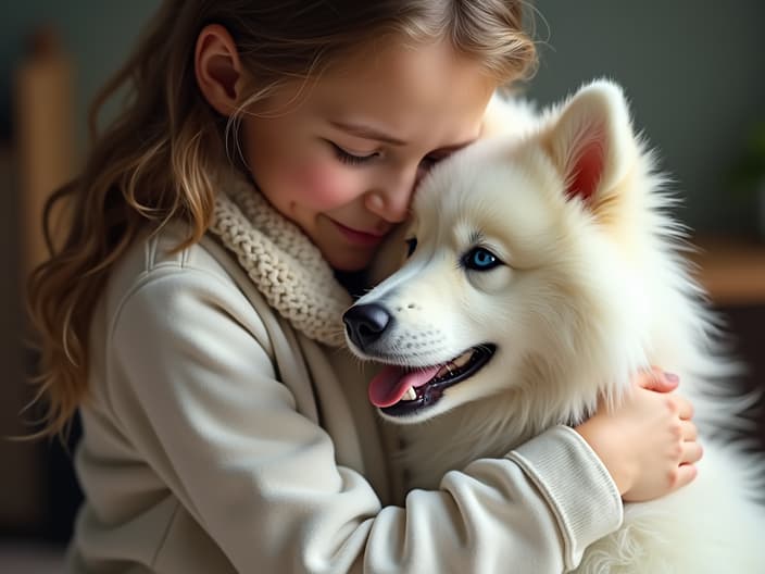 Heartwarming studio photo of a person hugging a fluffy Samoyed dog, soft lighting