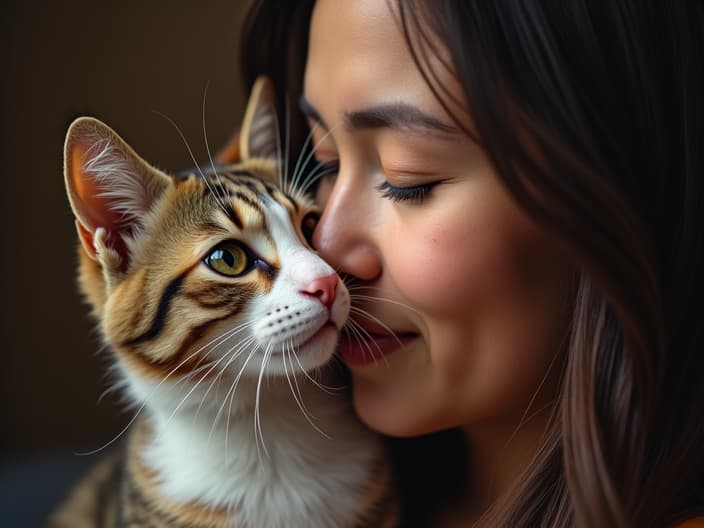 Heartwarming studio portrait of a cat nuzzling against a person's face, emotional connection