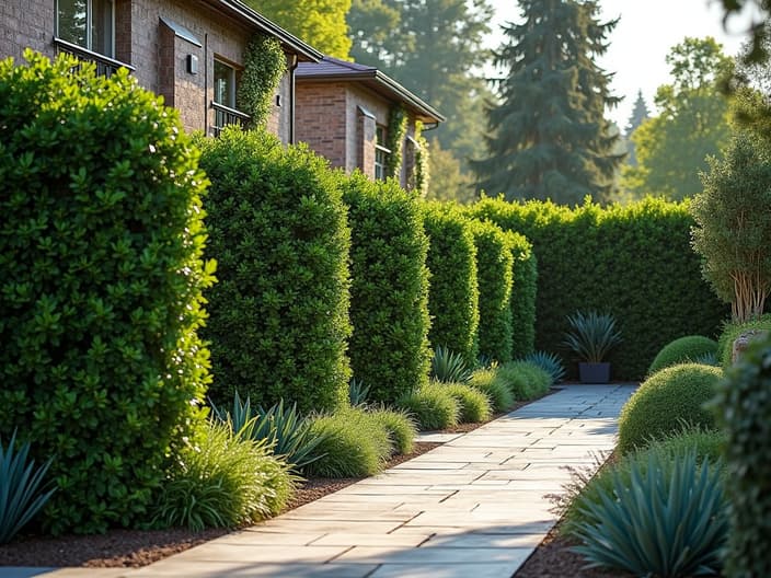 Hedge plant selection guide, privacy and beauty, outdoor setting with studio lighting