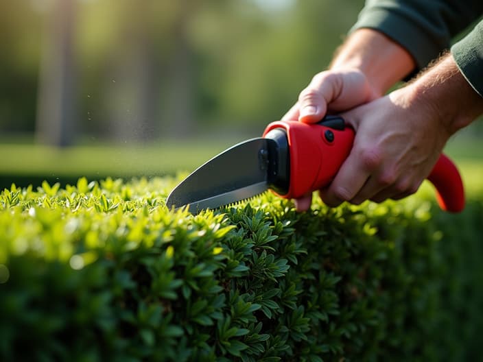 Hedge trimming tools and techniques, outdoor setting with studio lighting