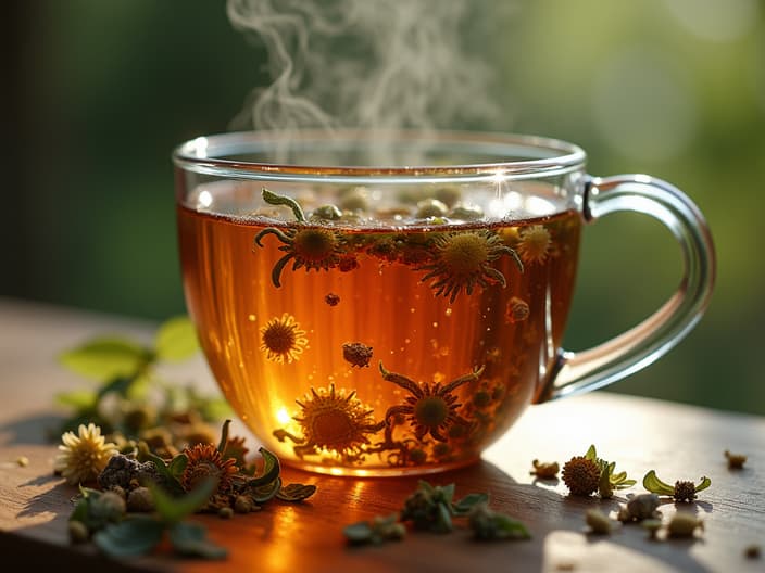 Herbal tea with floating herbs and zodiac symbols, soft focus studio shot, healing theme