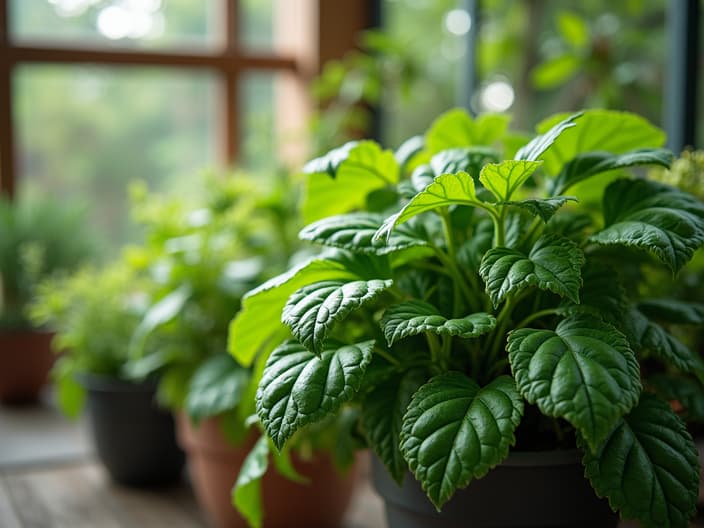 Herbs suitable for balcony gardening, close-up shots, outdoor setting with studio lighting