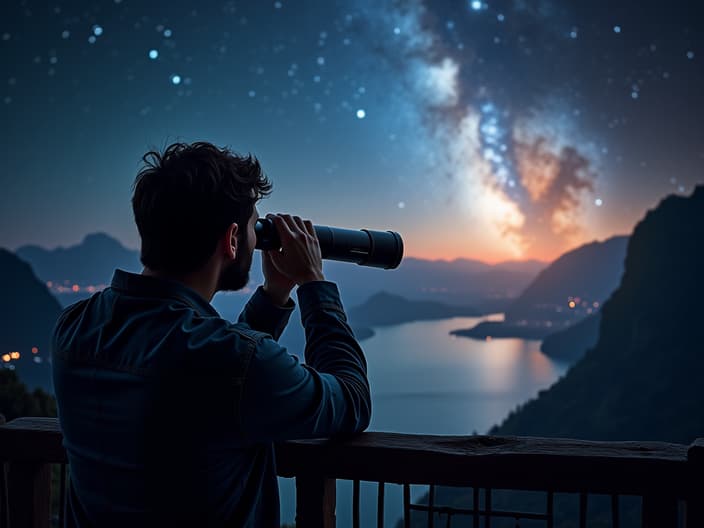 High-quality studio image of a person looking through a telescope at a cosmic backdrop