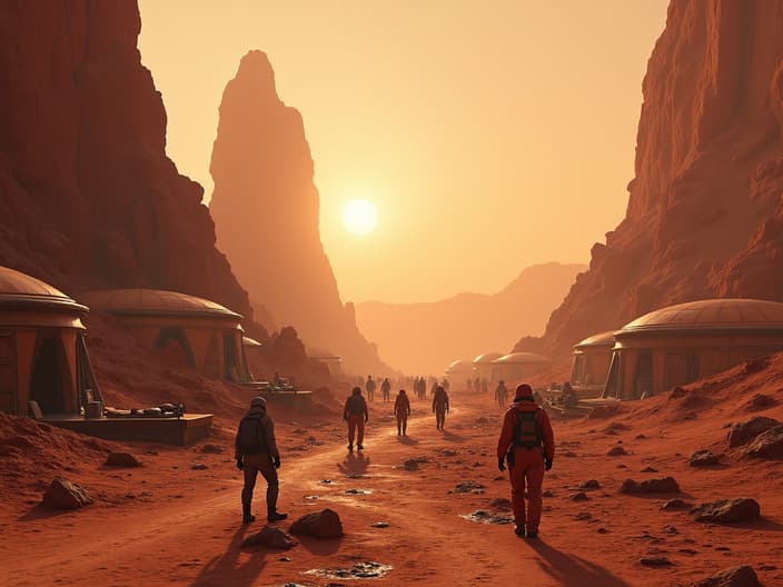 High-quality studio photograph of a Mars colony in the 22nd century, humans living and working, futuristic setting