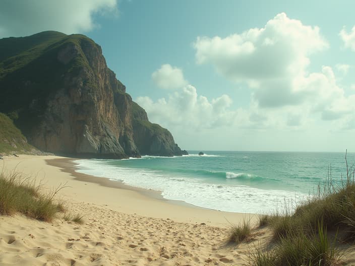 High-quality studio photograph of the island from Lord of the Flies, deserted beach, survival challenges