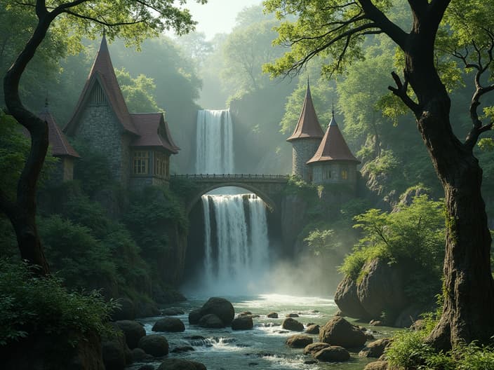 High-quality studio recreation of Rivendell from Lord of the Rings, ethereal elven architecture, waterfalls and forests