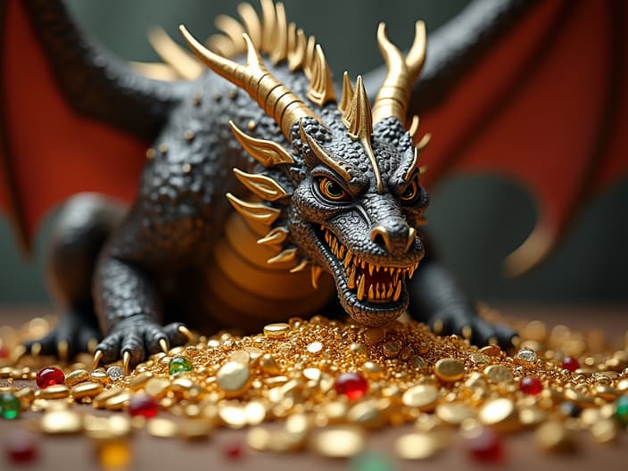 High-quality studio recreation of a dragon's hoard, gold and jewels, powerful dragon guarding the treasure