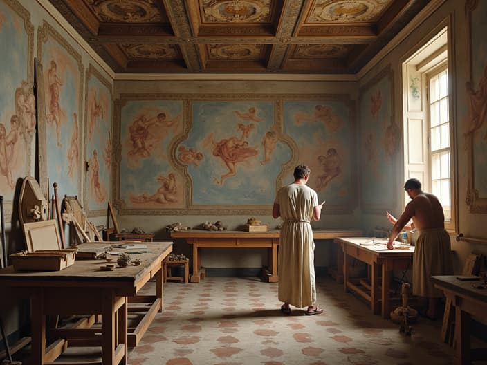 High-resolution studio photograph of Michelangelo's workshop, artist painting the ceiling of the Sistine Chapel, Renaissance period details