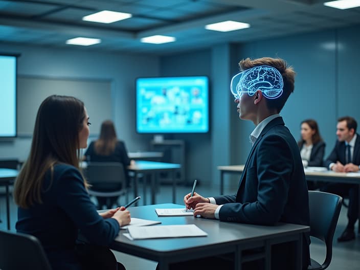 High-resolution studio photograph of a future school using brain-computer interface for learning, students and teachers, futuristic setting