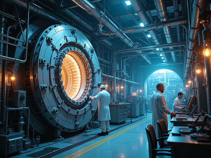 High-resolution studio photograph of a nuclear fusion reactor laboratory, scientists working on the project, futuristic setting