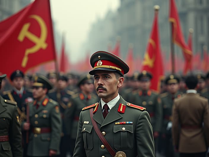 High-resolution studio photograph of an alternate history where communism persisted in Europe, Soviet Union influence, historical events