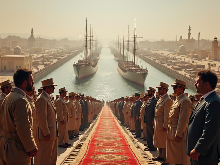 High-resolution studio photograph of the opening of the Suez Canal, dignitaries and workers, historic event