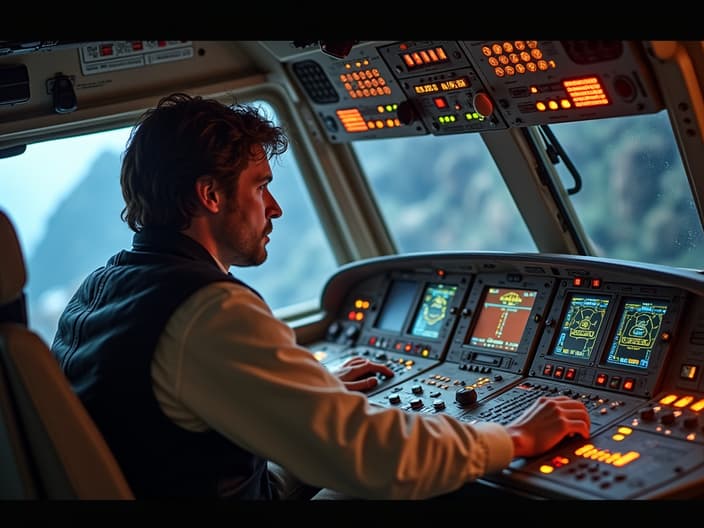 High-resolution studio set of the Millennium Falcon cockpit from Star Wars, Han Solo at the controls, spaceship interior