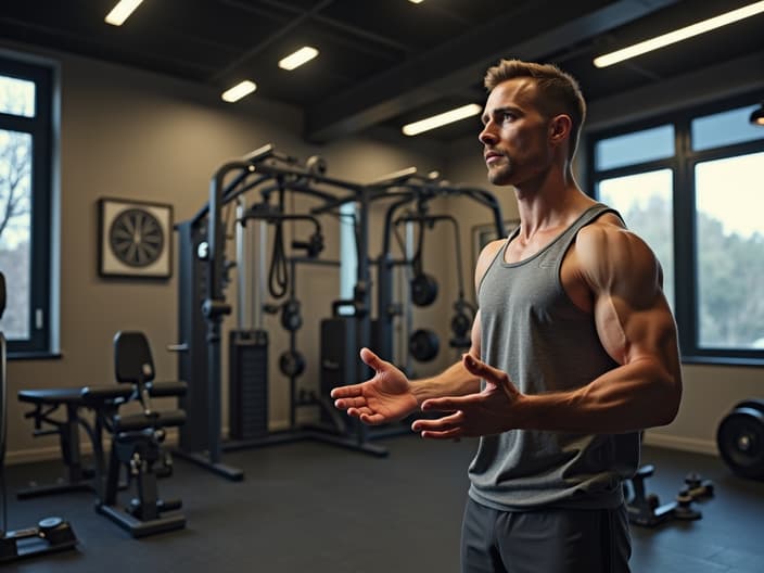 Home gym equipment displayed, trainer explaining benefits