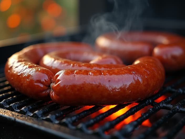 Homemade sausages being prepared, grill visible