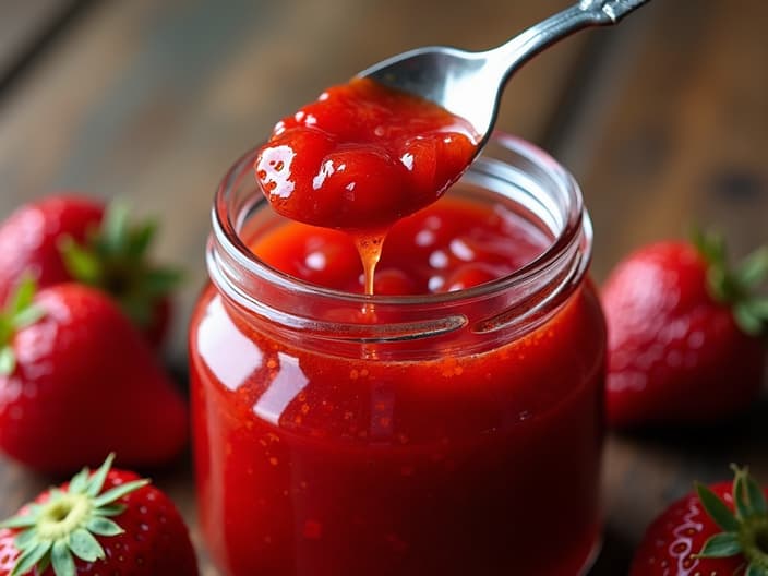 Homemade strawberry jam being prepared, canning process