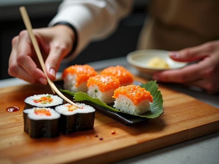 Homemade sushi rolls being prepared, casual setting