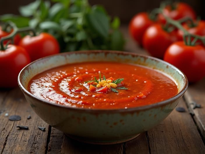 Homestyle tomato soup in vintage bowl, rustic kitchen background