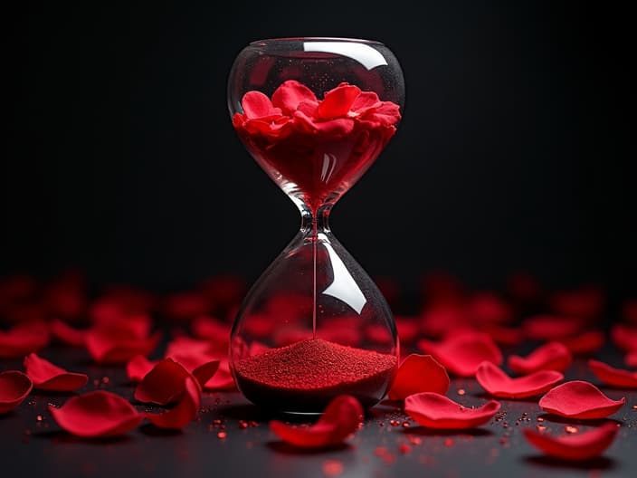 Hourglass filled with red rose petals and stars, dramatic studio lighting, high contrast