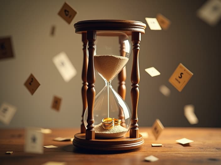 Hourglass with wedding rings inside, calendar pages flying off in background