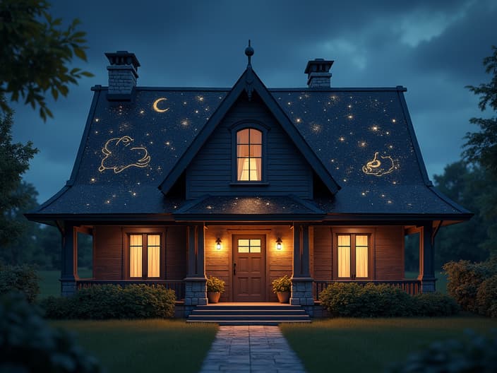 House with a starry roof and zodiac symbols, soft focus studio shot, home theme