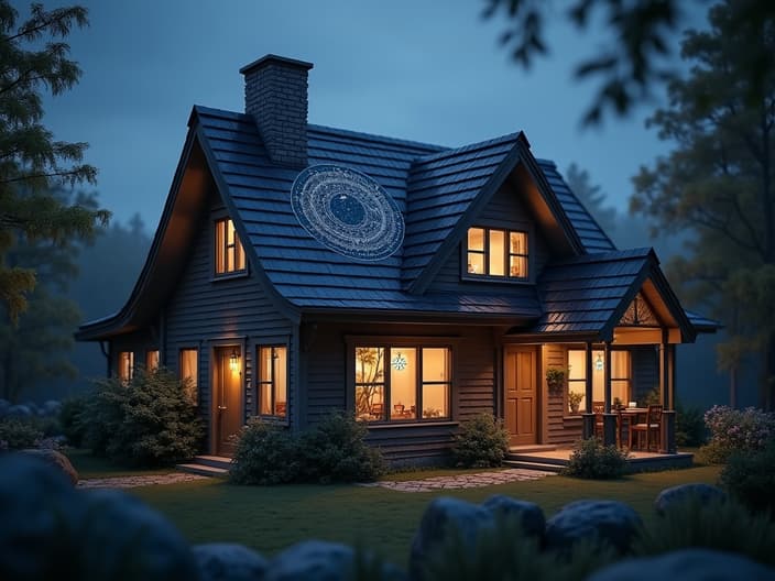 House with a starry roof and zodiac symbols, soft focus studio shot, real estate theme