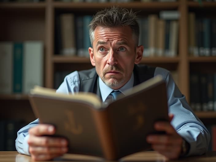 Individual looking at law firm brochures with worried expression, empty wallet visible