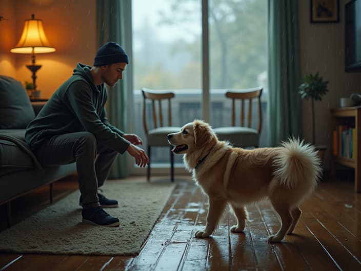 Indoor scene of a person and dog playing together on a rainy day