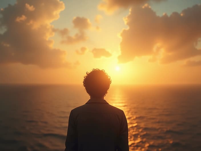 Inspirational studio portrait of a person looking towards a bright horizon, symbolizing finding life purpose