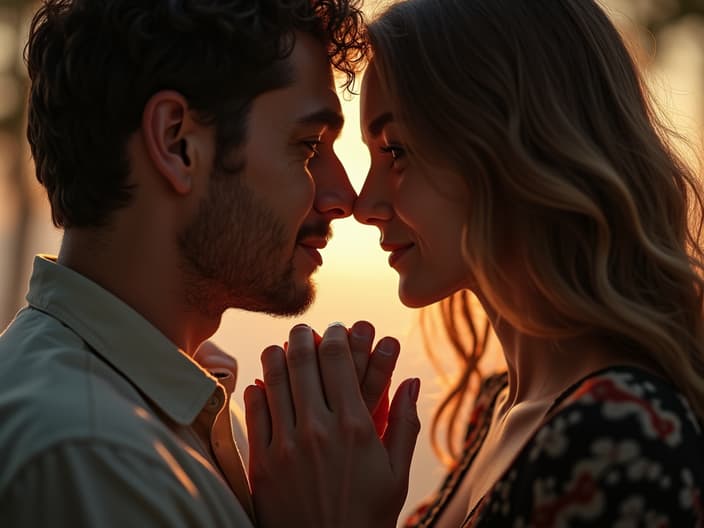 Intimate studio portrait of a couple holding hands, looking at each other with understanding