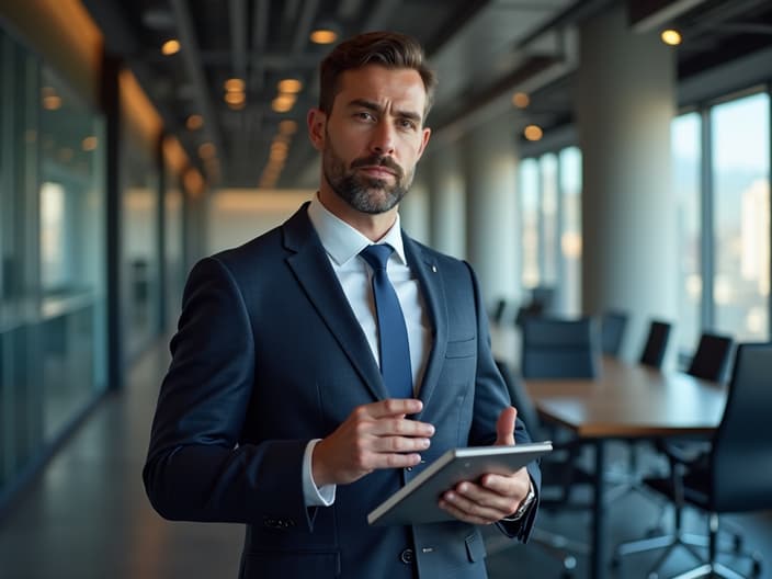 Investor relations specialist presenting investor relations strategy, sleek conference room, professional headshot