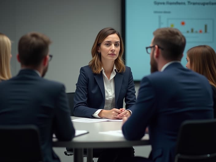 Job candidate demonstrating soft skills during interview, engaged panel of interviewers