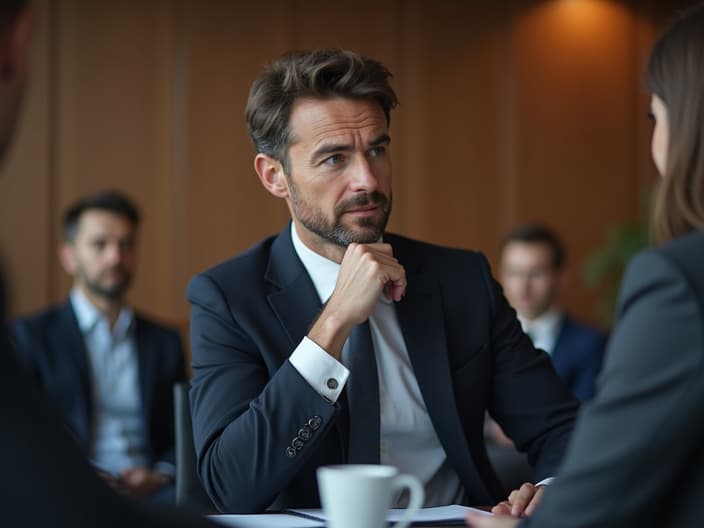 Job candidate thoughtfully answering question, interview panel in background