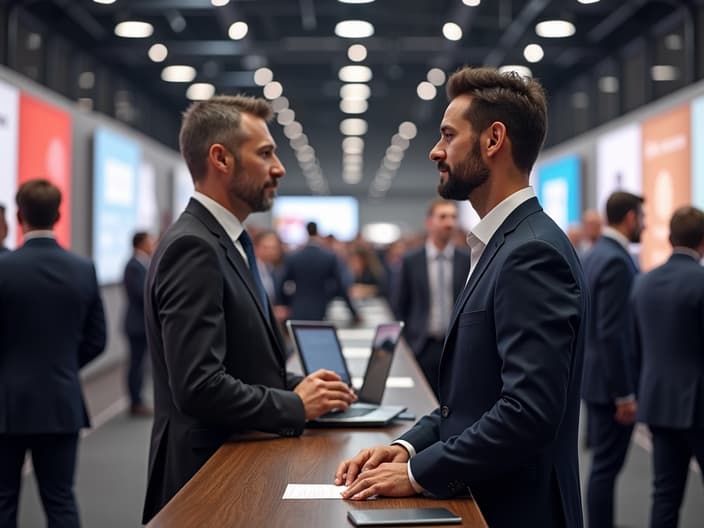 Job fair scene with professional talking to recruiter at booth, busy event hall