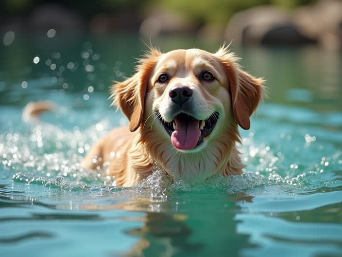 Joyful scene of a dog swimming in a lake or pool with its owner