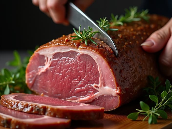 Juicy pork neck roast being carved, herbs visible