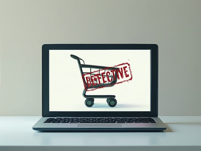 Laptop showing online shopping cart with 'DEFECTIVE' stamp, consumer protection symbol nearby