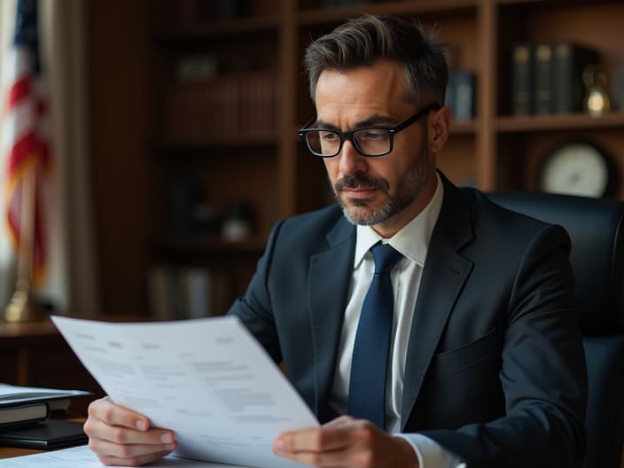 Legal expert reviewing legal documents, law office background, professional headshot