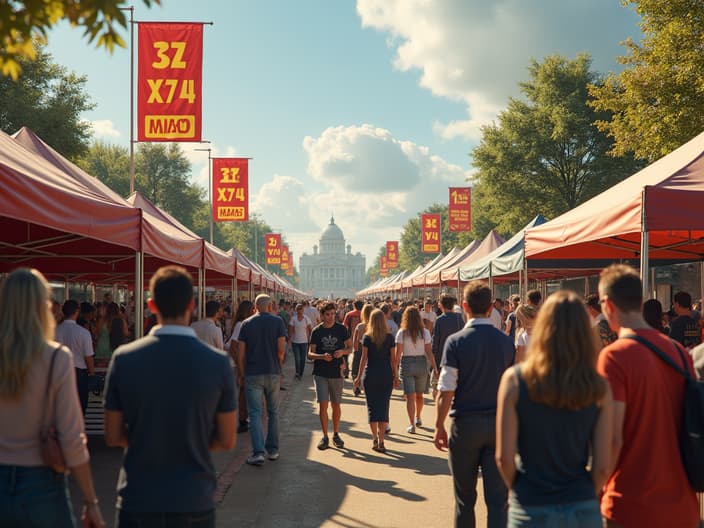 Local community event with business promotional stands, engaged crowd