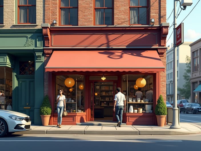 Local store with inviting storefront, customers entering, vibrant street scene