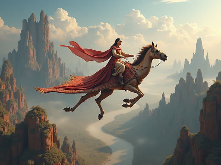 Magic carpet flying over diverse landscapes, fantasy studio setup