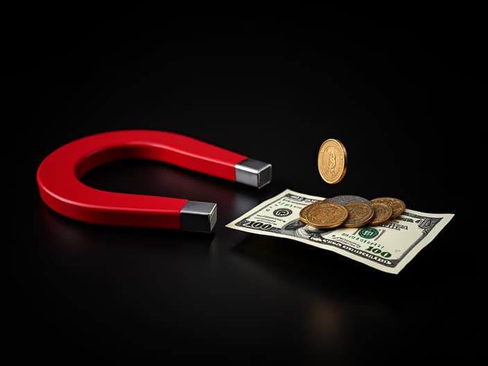 Magnet attracting coins and bills, black background, studio shot