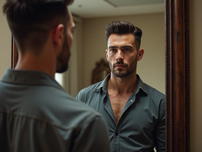 Man wearing a stylish shirt, confident pose in front of a mirror