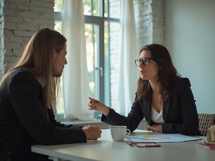 Manager having motivational talk with employee, positive office environment