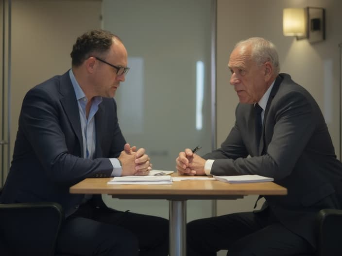 Manager having serious conversation with employee, private meeting room