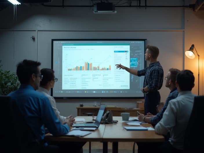 Market researcher presenting survey results, conference room, studio lighting